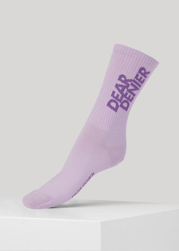 Dear Denier crew sports socks with embroidered DEAR DENIER logo on one side and EARTH ACTVSM logo on the other side