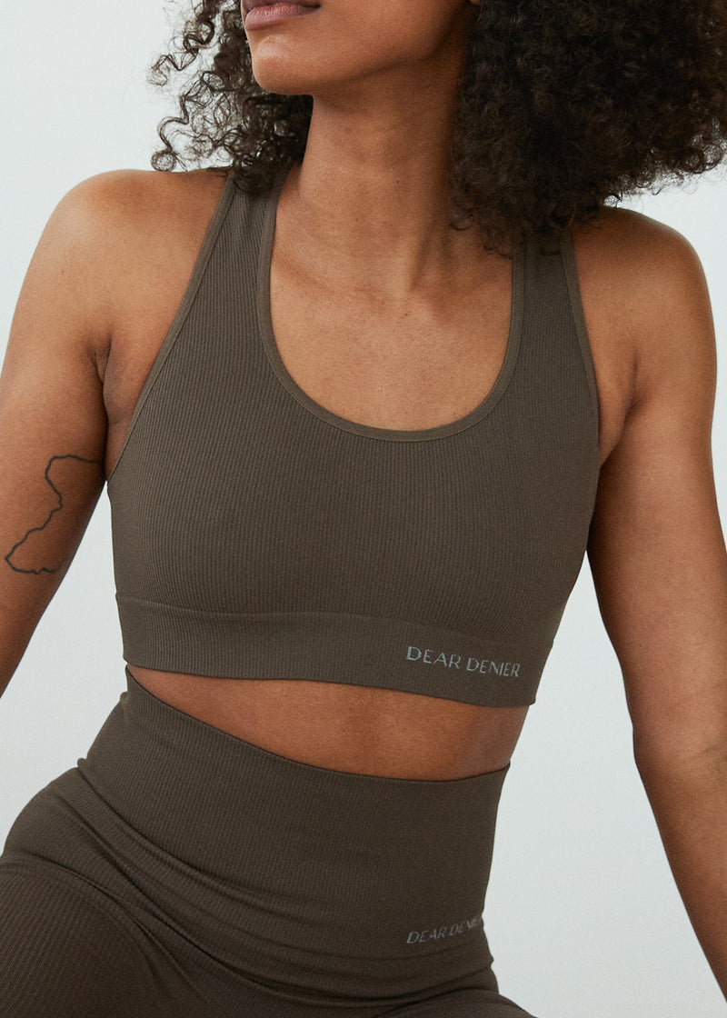 The Lena Seamless Rib Bra is a premium medium impact sports bra, made with recycled materials.