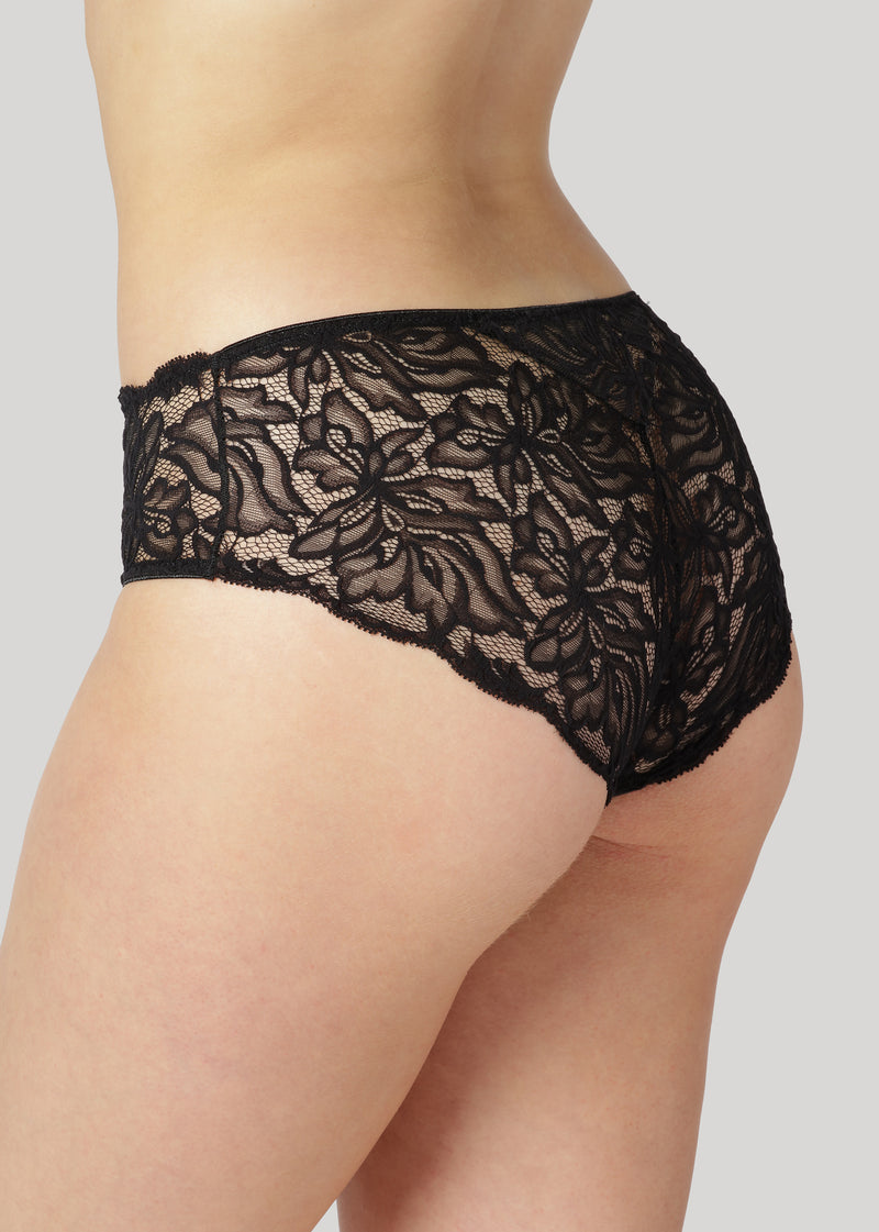 The Magnolia Hipster is cut from soft Italian stretch lace with delicate florals. It has a low-rise fit and is finished with very soft and shiny edge elastics. 